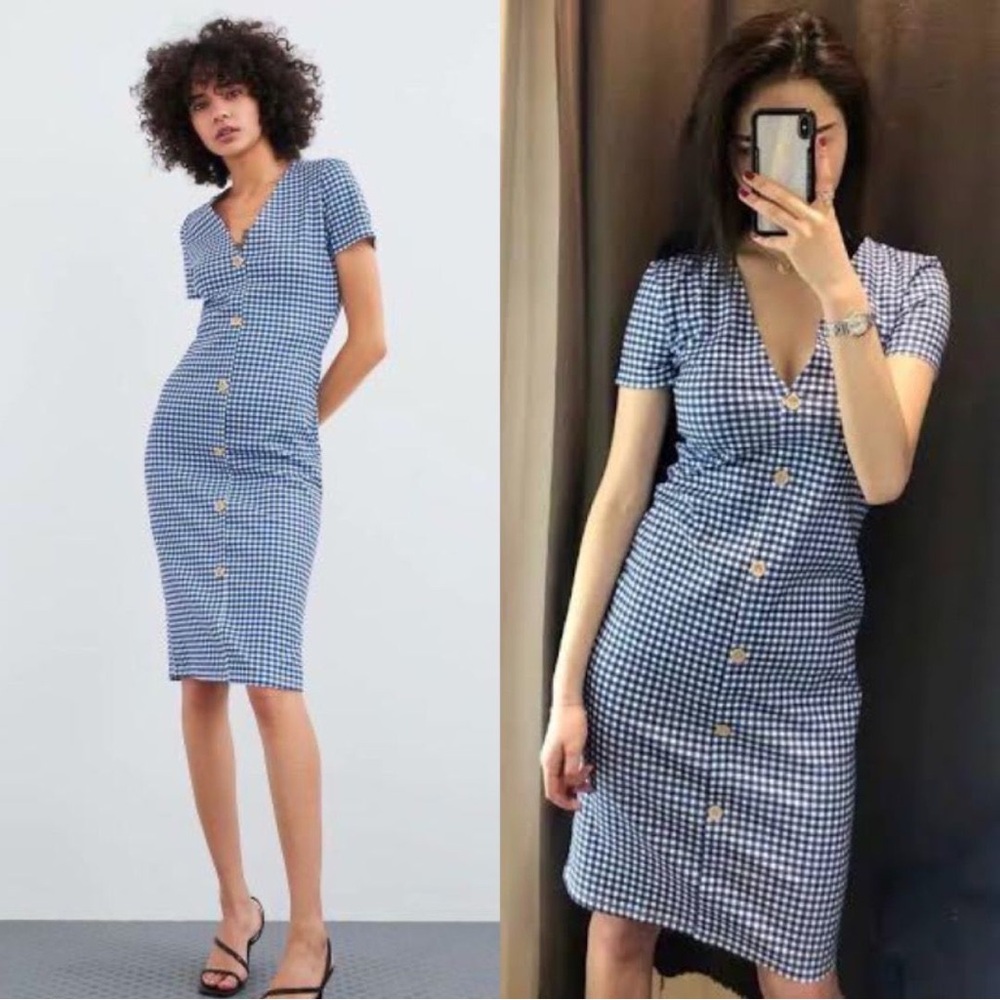 NWT Zara Gingham Blue Bodycon Dress Women’s M